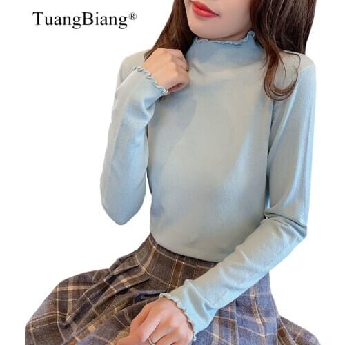 Knitted Cashmere Women Ruffle Ruched Pullovers Autumn winter Long sleeve Basic Yellow sweater 2020 turtleneck Light blue Jumpers