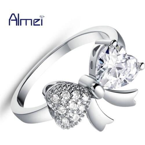 Almei 15% Off Bow Engagement Ring for Women CZ Zircon Jewelry with Silver Color White Crystal Rings with Bowknot Flower J612