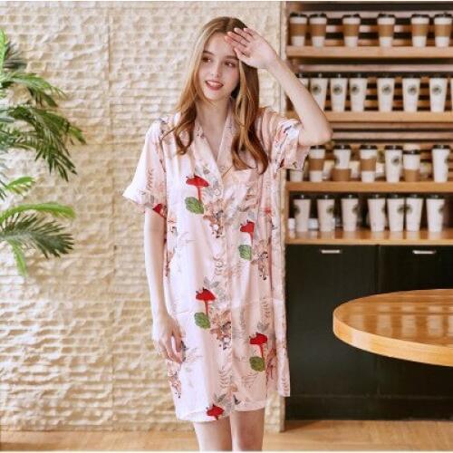 Women Casual Night Dress Sleepwear Satin Short Sleeve Floral Nightgown Lounge Sleepshirt Female Night Wear Fashion Home Clothing