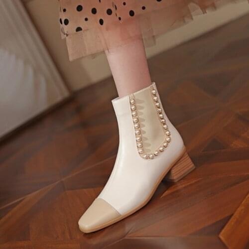 2021 Autumn/Winter Women Ankle Boots Genuine Leather Square Toe Chunky Heel Women Shoes Splicing Short Boots for Office Lady