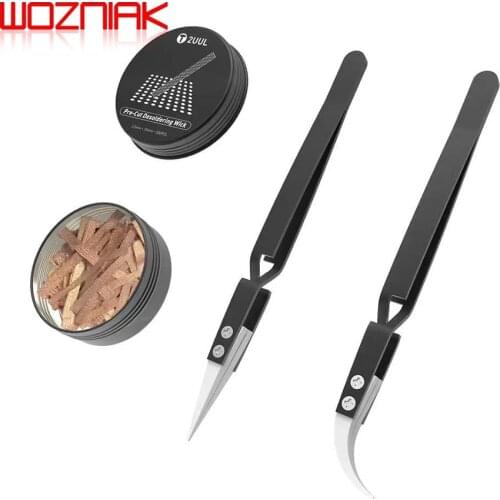 2UUL Pre-cut Desoldering Wicks 2mm*25mm*100pcs with Reversed Ceramic Tweezers Tin suit