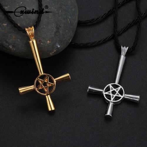 Cxwind Fashion Pentagram Cross Necklace Mens Satanic Symbol Runes Pendant Upside Down Lucifer Satan Choker Statement Jewelry