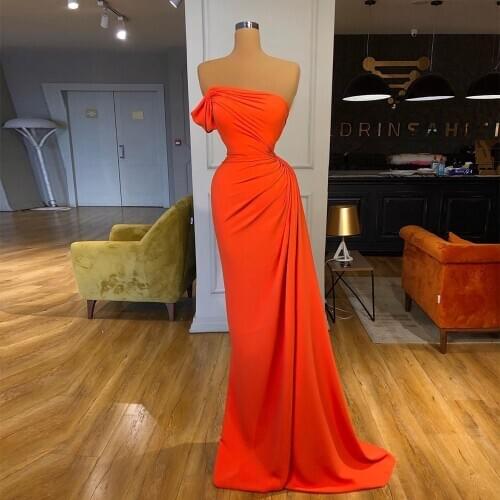 2020 Elegant Orange Mermaid Evening Dress Long Vestidos Charming Evening Dresses One Shoulder Formal Party Gown robe de soiree