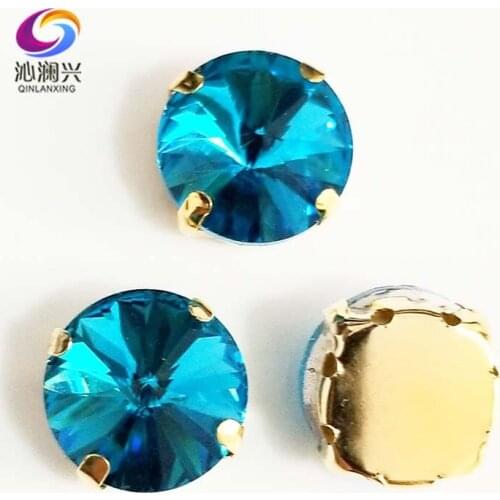 Lake blue round shape golden bottom AAA Glass Crystal sew on claw rhinestones with holes,Diy Clothing accessories SWRG12