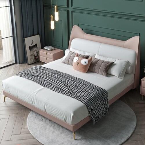 Genuine Leather Children Bedroom Bed Frame With Cat Shape Headboard Double Bed Queen Size Pinke Bed Color Customized