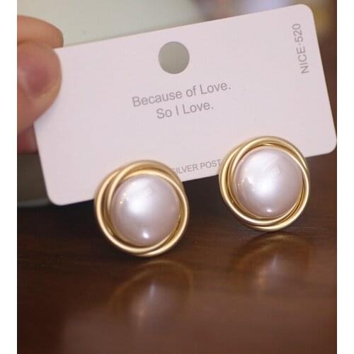 Classic Elegant Big Size Imitation Pearl Stud Earring For Women Gold Color Circle Earrings Female Wedding Party Jewelry Gift Hot