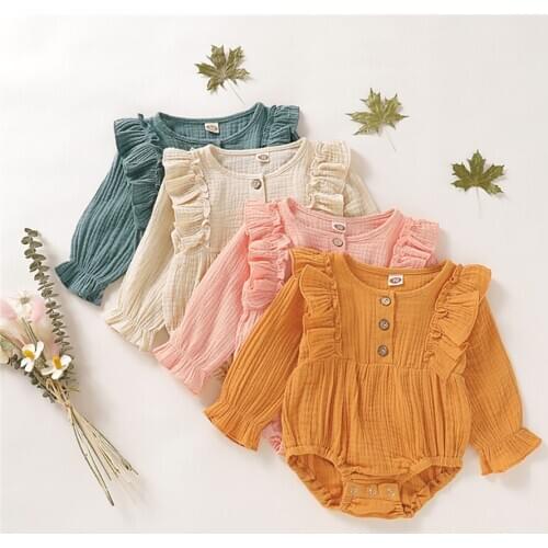Newborn Baby Girls Kids Clothes Romper Long Sleeve Solid Ruffles Jumpsuit Clothes Outfits 0-24M Baby Clothing