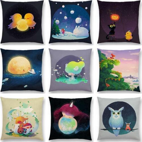 Colorful Dream Cute Cartoon girl Warm Earth Little Lovely Animals Linen Cushion Cover Decor Sofa Throw Pillow Case Christmas