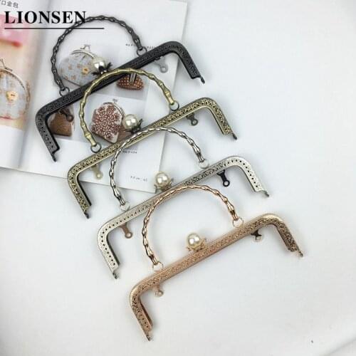 LIONSEN 1PCS 20CM Pearl Metal Purse Frame Handle Clutch Bag Accessories DIY Kiss Clasp Lock Embossing Square HandBag Hardware