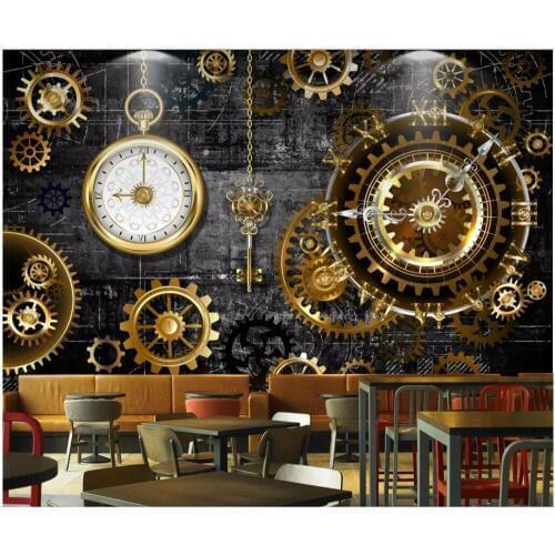Custom mural 3d photo wallpaper European and American industrial wind gold gear clocks 3d wall murals wallpaper for walls 3 d