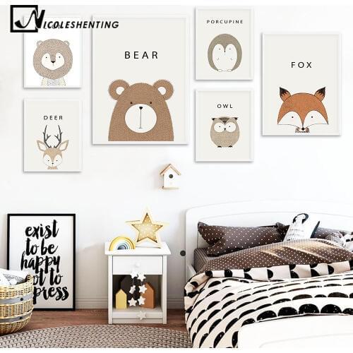 NICOLESHENTING Cartoon Animal Deer Lion Bear Minimalist Art Canvas Poster Painting Wall Picture Print Modern Home Kid Room Decor
