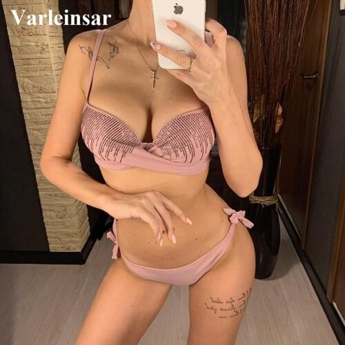 New Sexy 2021 Sequins Push Up Bikini Female Swimsuit Women Swimwear Two-pieces Bikini set Bra Up Bather Bathing Suit V2041