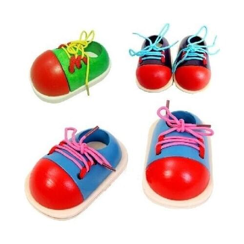 1 Pcs Random Kids Montessori Educational Toys Children Wooden Toys Toddler Lacing Shoes Early Education Montessori Teaching Aids