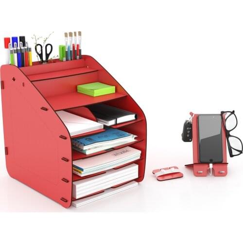 Design OTTO Red Office Desk Organizer with Pen Holder - File Rack for Office Accessories - A4 - Letter Paper - Stationery