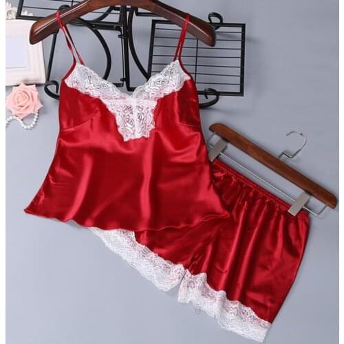 Sexy Pajama Sets V-Neck Lace Satin Solid Color Summer Sleeveless Short 2021 Casual Camisole Homewear for Women Pizama Damska