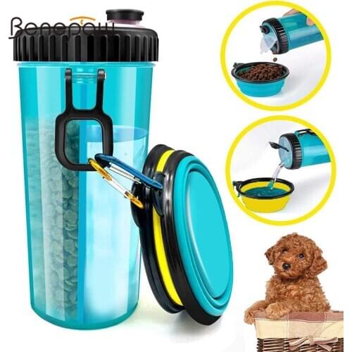 Benepaw 2 In 1 Dog Food Water Bottle With 2 Collapsible Bowls Nontoxic Portable Travel Leakproof Pet Drinking Bottle Feeder