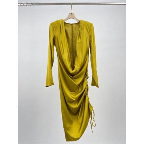 Solid Elegant Dress Women Autumn Sexy Deep V-Neck Long Sleeves Draped Designer Casual Hot Style Dress Female 2021