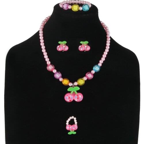 QIBEI New Fashion Children Cherry Jewelry Sets Necklace Bracelet Ring Earrings Baby Kids Girls Jewelry Set