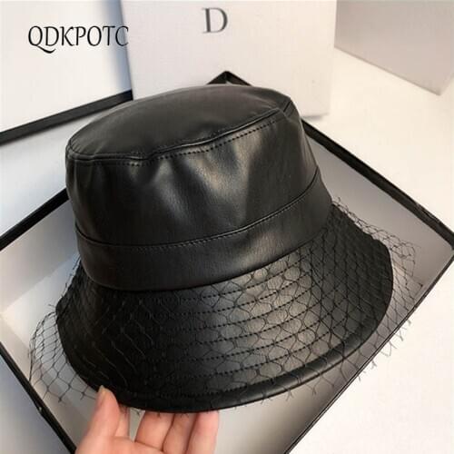 QDKPOTC 2020 Hat Autumn Winter New Net yarn PU leather Women Bucket Hats Hepburn Fashion Simplicity Casual Cap