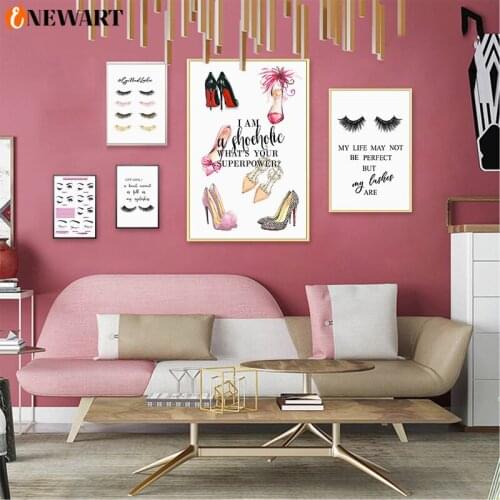 Modern Pink Make Up Canvas Painting Home Poster Print Women Lips Eyelash Wall Art High Heel Figure Decoration Picture Design