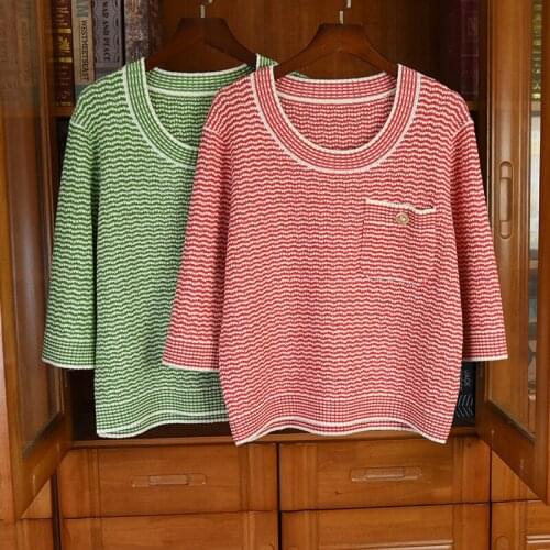 2021SS Spring Casual Women Short Sleeve Knitted Sweater Tops Female Luxury Pullover 2 Color