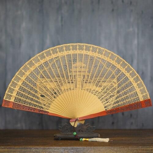 Sandalwood fan retro Suzhou Chinese style classic hollow sandalwood fan stationery gift fan handicraft folding fan