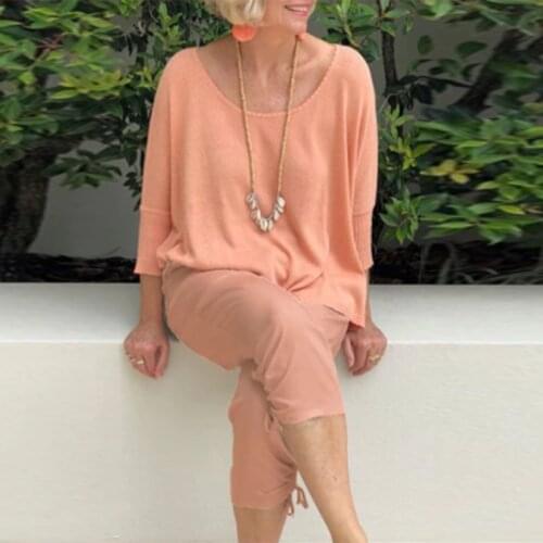 Spring Solid Simple Two Piece Set Women Fashion O Neck 3/4 Shirts Pullover and Pants Outfits 2021 Autumn Ladies Outfits Homewear