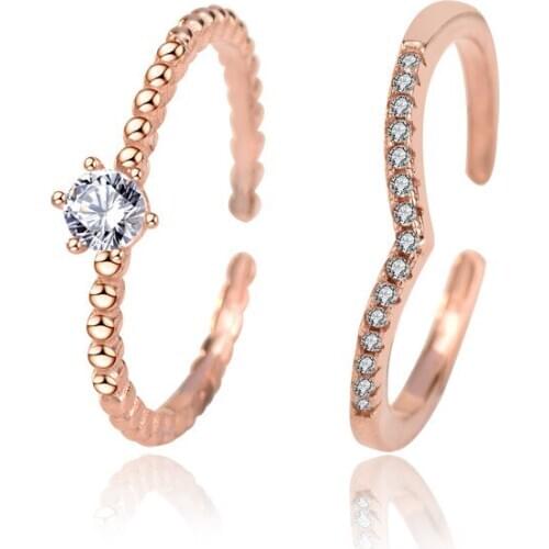 925 Sterling Silver Rose Gold Shiny Zircon Fashion Elegant Wedding Six Claw Luxury Adjustable Ring Set Jewelry for Women Gift