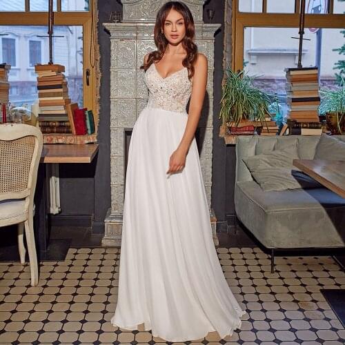 Charming Spaghetti Straps Chiffon Boho Wedding Dress Deep V-Neck 2021 Lace Sleeveless A-Line Bridal Gowns Vestido De Novia