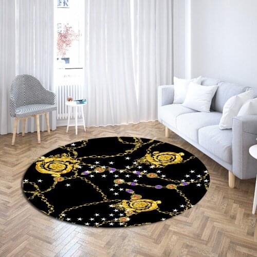 Golden Flower Round Carpet 3D Print Gold Chain Floor Rugs Vintage Baroque Chair Area Carpet Euporean Pattern Luxury Floor Mat