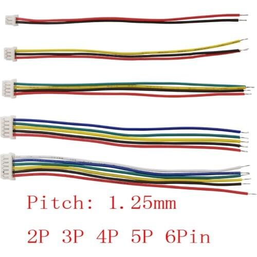 10Pcs Micro JST 1.25 mm Pitch 2 Pin 3 Pin 4 Pin 5 Pin 6 Pin Female Single Plug Connector with Wire Cable 10CM 15CM 20CM 30CM