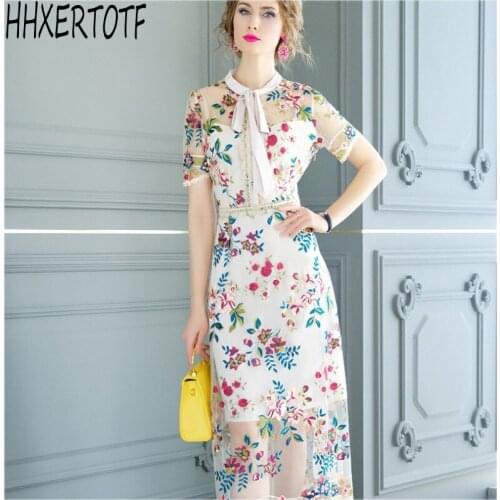 2021 summer fashion temperament women Embroidery Party Dresses Bohemian Flower Embroidered Mesh Dresses