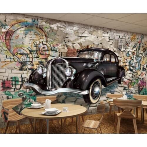 Custom Any Size 3D Mural Retro Classic Car Through The Wall 3D Stereo Restaurant Bar Mural Wallpaper Wall Decor