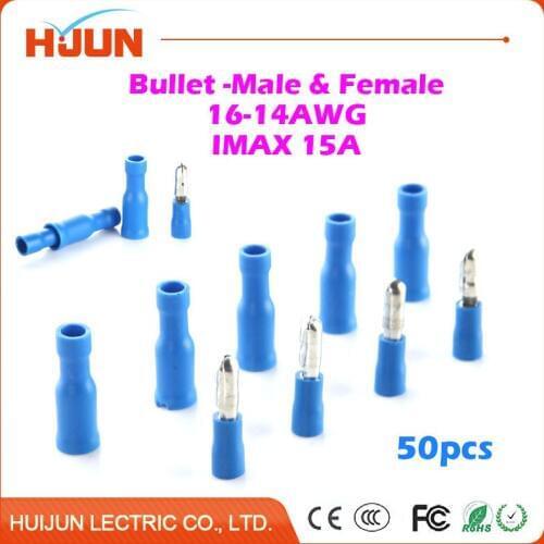 50pcs/lot Bullet-Male & Bullet-Female Quick Disconnect Cable Wire Splice Insulation Terminal Connector 1.5-2.5mm2 16-14AWG 15A