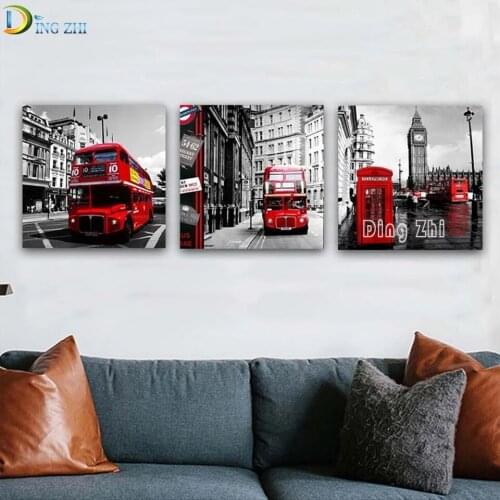 Red Bus 5D Diamond Painting London Street Landscape Diy Diamond Embroidery Red And Black Pattern Triptych Full Square Round