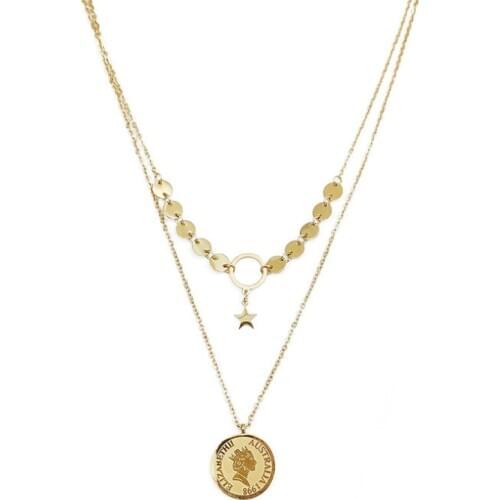 316L Stainless Steel New Fashion Jewelry Star Double-sided Pattern Vintage Coins Charms Chain Choker Necklace Pendant For Women