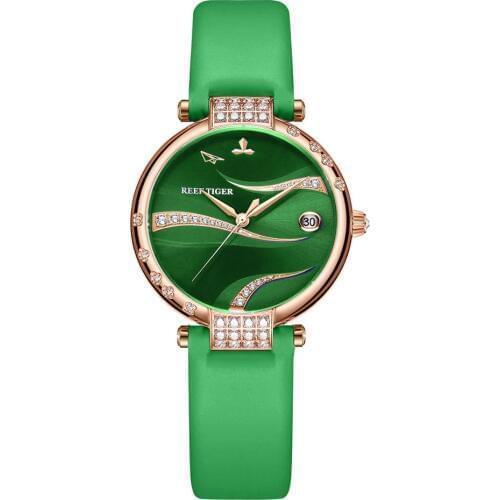 Reef Tiger/RT Women Fashion Watch Automatic Rose Gold Case Genuine Leather Band Green Dial Sapphire Crystal RGA1589