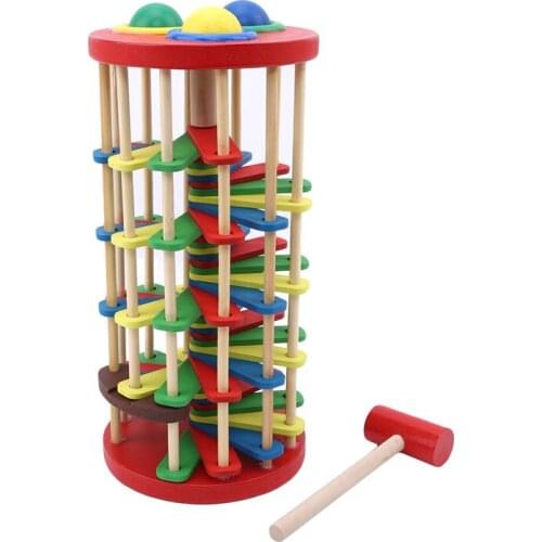 Hot Sale Pound And Roll Wooden Tower With Hammer Knock The Ball Rolling Off Ladder Early Education Baby Toys