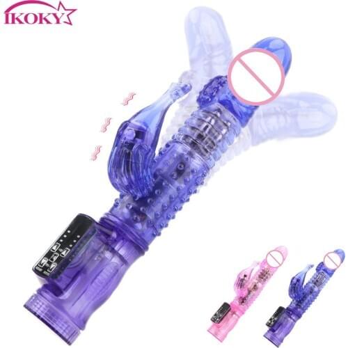 IKOKY Double Rabbit Vibrator 360 Degree Rotation Beads G Spot Dildo Clitoris Stimulator Masturbator Sex Toys For Women