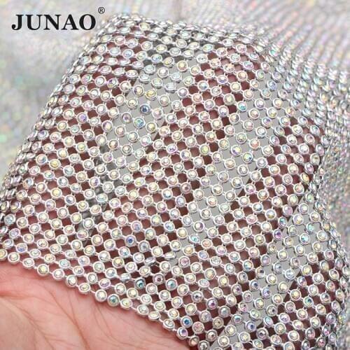JUNAO 45*120cm Glitter Silver AB Glass Rhinestone Fabric Aluminum Mesh Metal Trimming Crystal Ribbon for Clothes Dress