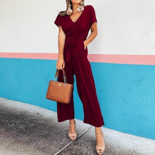 Women Clothes 2019 Office Ladies Solid Colors V Neck Jumpsuit Summer Holiday Casual Short Sleeve Wide Leg Romper Plus Size S-XL
