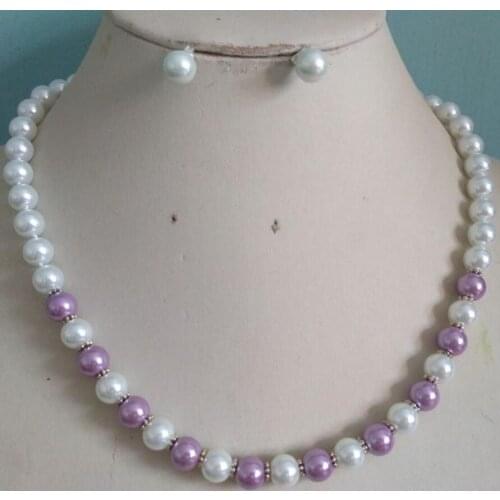 8MM White/Purple South Sea Shell Pearl necklace +earrings set AAA Grade