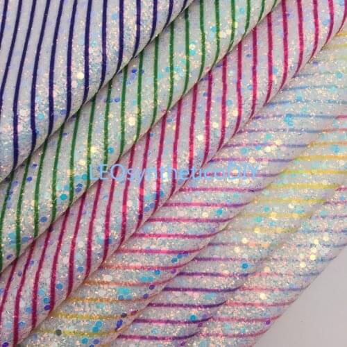 LEOsyntheticoDIY Stripes Printed Chunky Glitter Vinyl Fabric Sheet Felt Backing Synthetic Leather Faux Vinil DIY A4 SIZE R05A