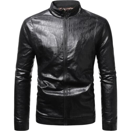 2021 Spring and Autumn High Quality Mens Solid Color Stand-up Collar Zipper Slim Motorcycle PU Mens Leather Jacket
