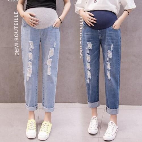 New Spring Autumn Denim Maternity Jeans Ripped Hole Elastic Waist Belly Straight Pants for Pregnant Women Loose Pregnancy