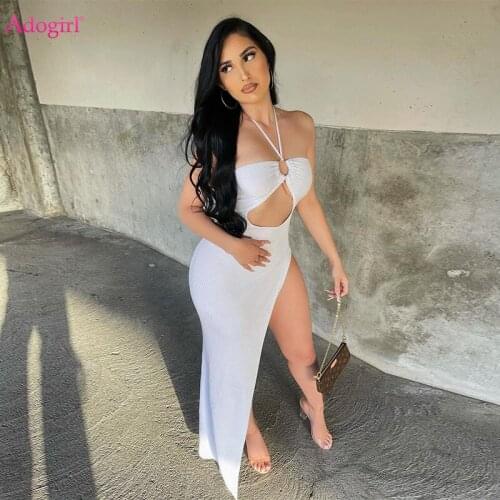 Adogirl Solid Halter Knitting Maxi Dress For Women Sexy Hollow Out Strapless Backless High Split Club Party Beach Outfits