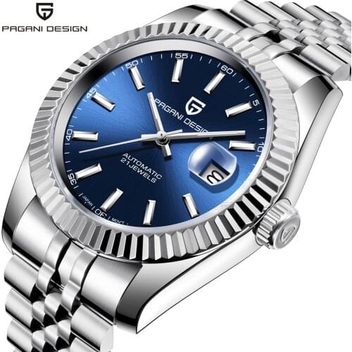PAGANI DESIGN Luxury Mens Mechanical Wristwatch Business Sports 100M Waterproof Automatic Watch Stainless Steel Blue Men Watches