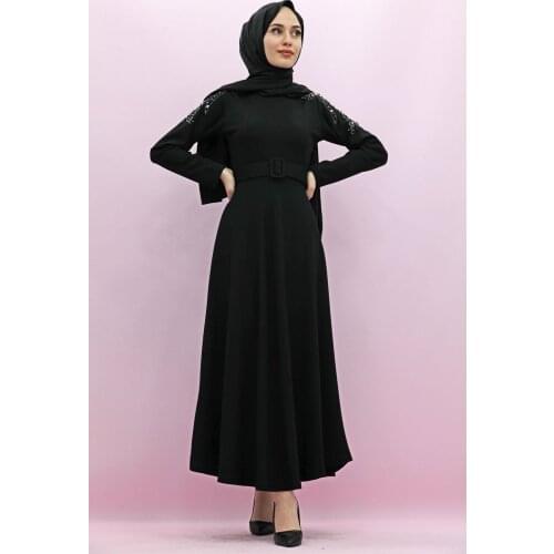 New Season Summer Trend Muslim with Sleeves Beads Embroidered Dress Black