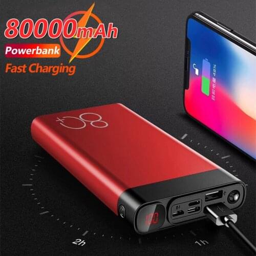 80000mAh Large Capacity Mobile Power Bank with Flashlight Portable External Battery Fast Charging for IPhone Xiaomi Huawei