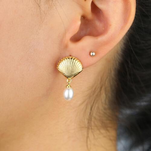 Gold filled summer hot selling sea shell Hanging Earrings Pearl Beaded shell charm beach fashion drop earrings jewelry